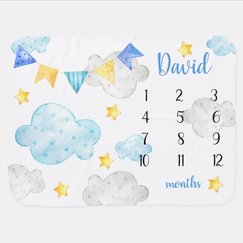 Stars and Clouds Blue Cute Boy Monthly Milestone Baby Blanket