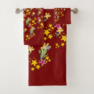 Stars And Flowers Dk Red Bath Towel Set