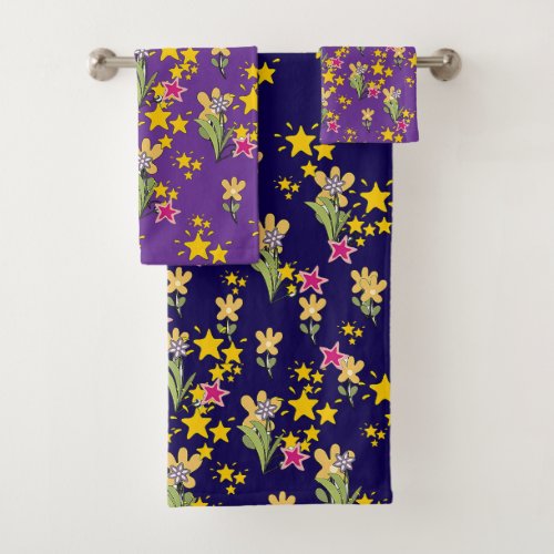 Stars And Flowers Navy Blue Purple  Bath Towel Set
