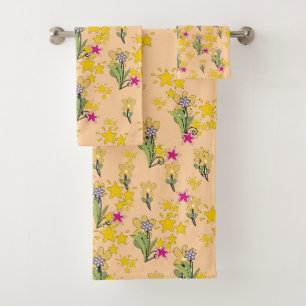 Stars And Flowers Pale Peach Bath Towel Set