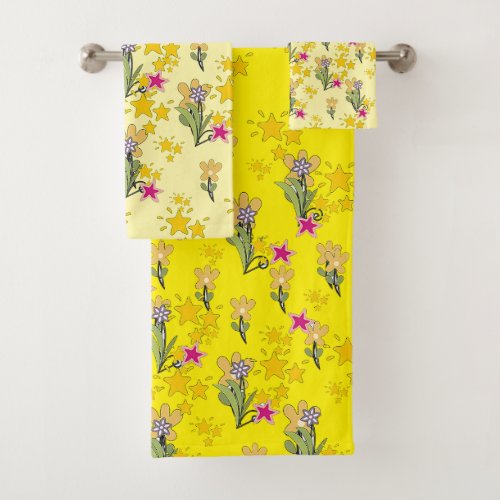 Stars And Flowers Yellow Combo Bath Towel Set