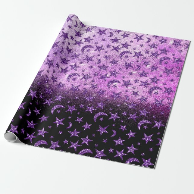 Stars And Moon Black Purple Plum Sparkly Ombre Wrapping Paper (Unrolled)