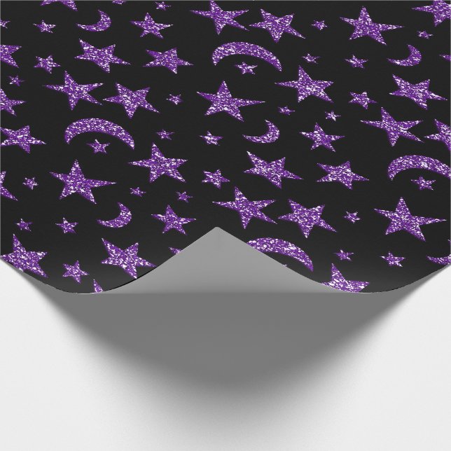 Stars And Moon Black Purple Plum Sparkly Wrapping Paper (Corner)