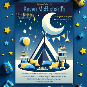 Stars and Moon Boys Teepee Sleepover Party Invitation