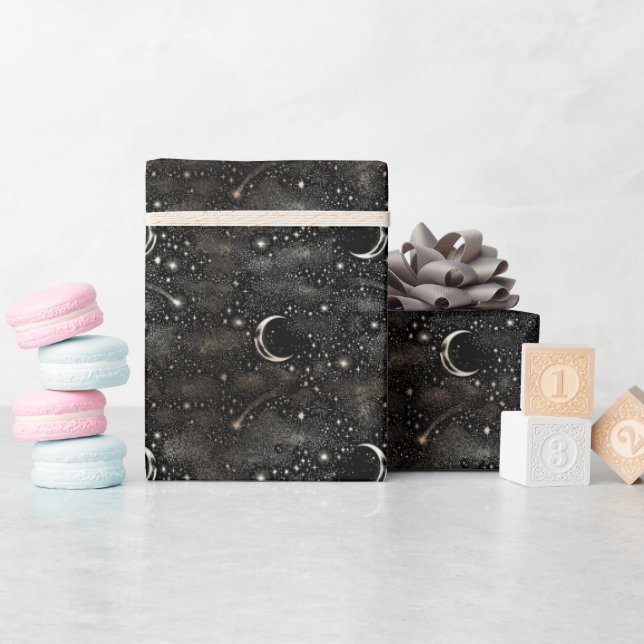 Stars and Moon Celestial Mystical Black Night Wrapping Paper (Baby Shower)
