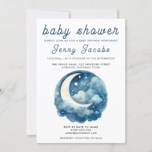 Stars and moon dreamy baby shower blue invitation