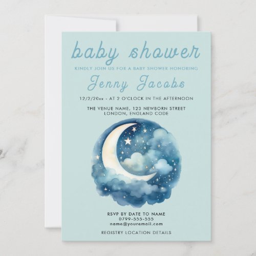 Stars and moon dreamy baby shower invitation