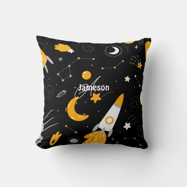 Stars and Moon Outer Space Rocket  Throw Pillow (Front)