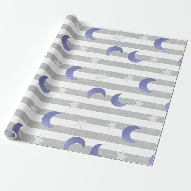 Stars and Moons Gray and Blue Wrapping Paper (Unrolled)