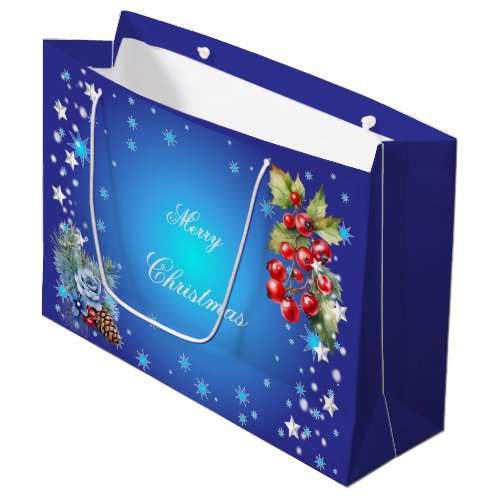 Stars and Red Berries on Deep Blue Merry Christmas Large Gift Bag
