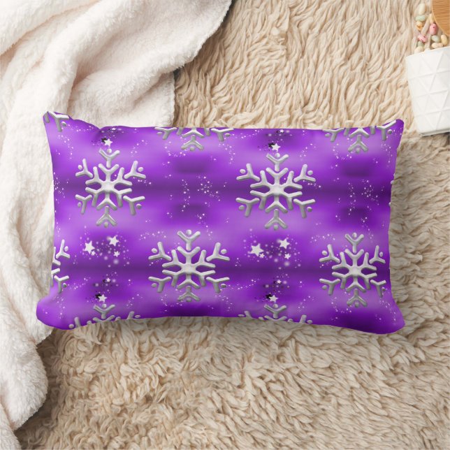 Stars and Silver Snowflakes Purple Christmas Lumbar Pillow (Blanket)