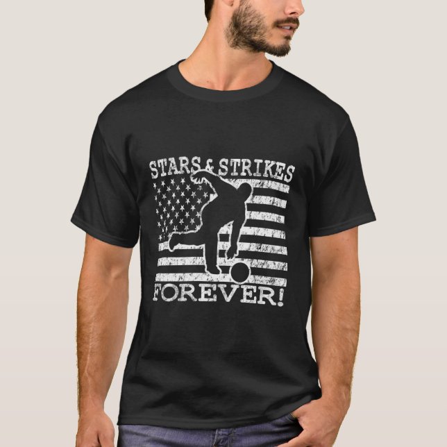Stars And Strikes Forever Bowling American Flag Bo T-Shirt (Front)