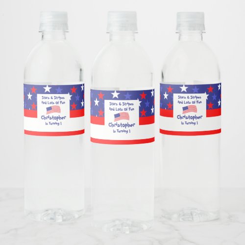 Stars and Stripes 1st Birthday Water Bottle Label