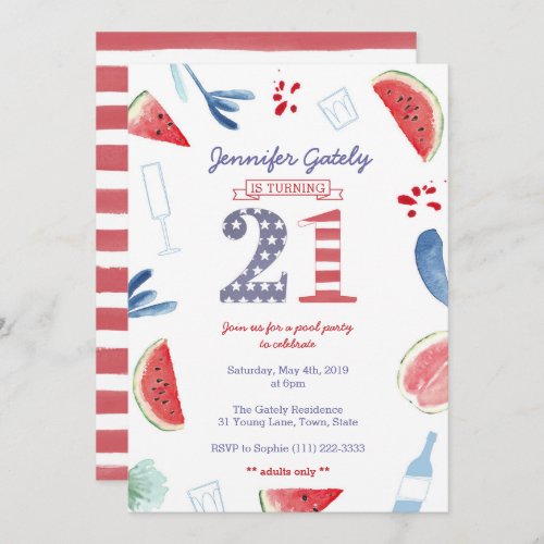 Stars and Stripes 21st Birthday Pool Party Invitation