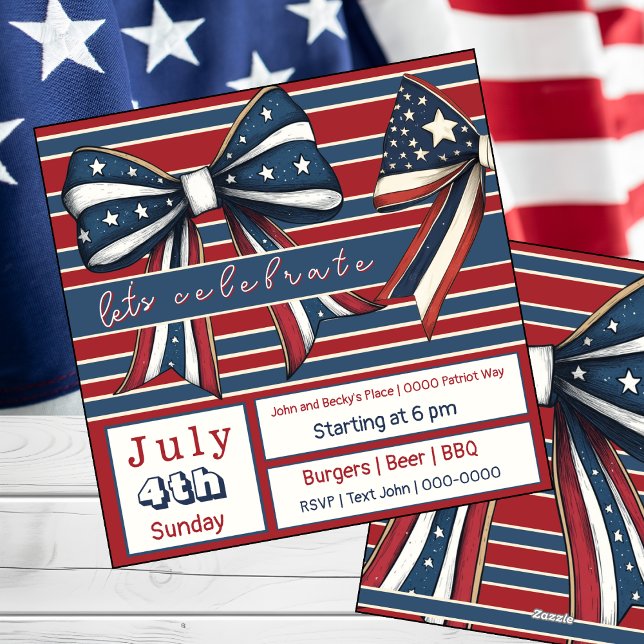 Stars and Stripes | Bows | July Fourth | Party Holiday Card (Bows and stars and stripes July 4 customizable party invitation )