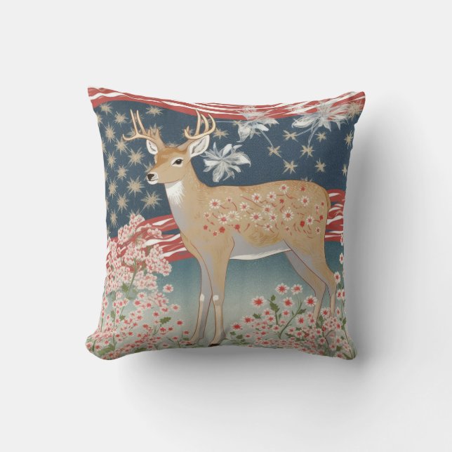 Stars and Stripes Deer Throw Pillow (Front)