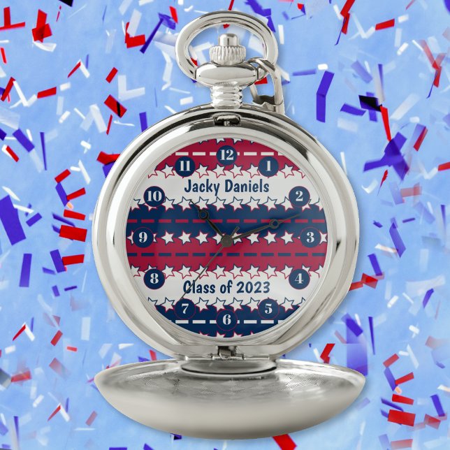 Stars and stripes - Patriotic -Red White Blue Pocket Watch (Patriotic Pleated Stripes with Stars - Pocket Watch by Leapfroglisics Shop)