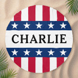 Stars and stripes red blue white name patriotic beach towel<br><div class="desc">Round beach towel featuring stars and stripes borders top and bottom and your custom name.</div>