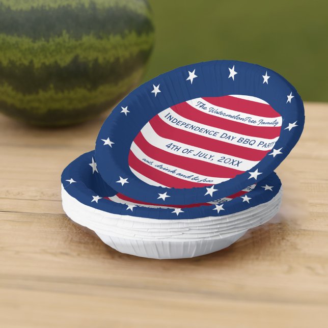 Stars and Stripes Red White and Blue Patriotic Paper Bowls (Stars and stripes! Just add your party details to this red white and blue patriotic paper bowl)
