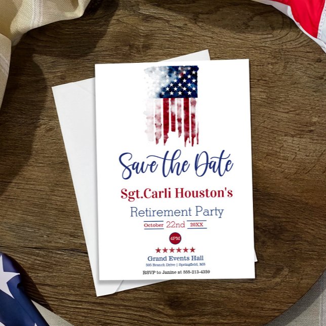 Stars and Stripes Save the date Retirement Party Card (Creator Uploaded)