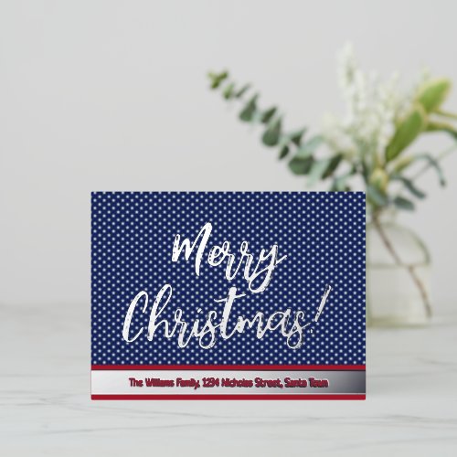 Stars and Stripes Silver Script Merry Christmas Foil Holiday Postcard