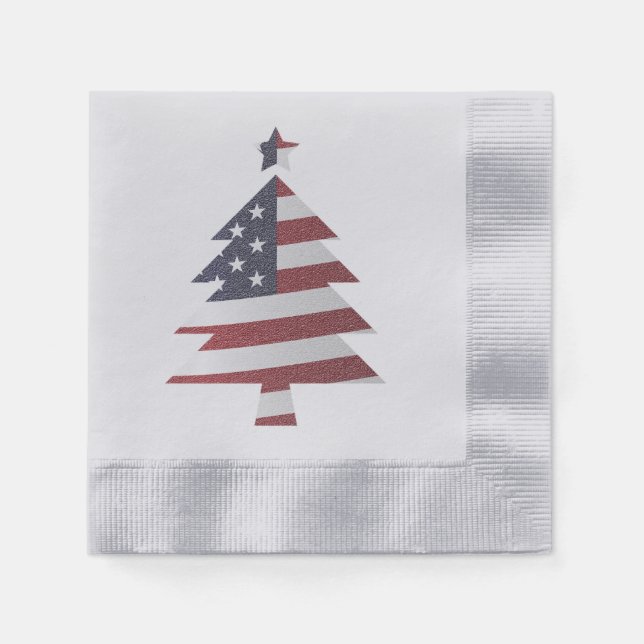 Stars and Stripes Snowy Christmas Tree Patriotic Napkins (Front)
