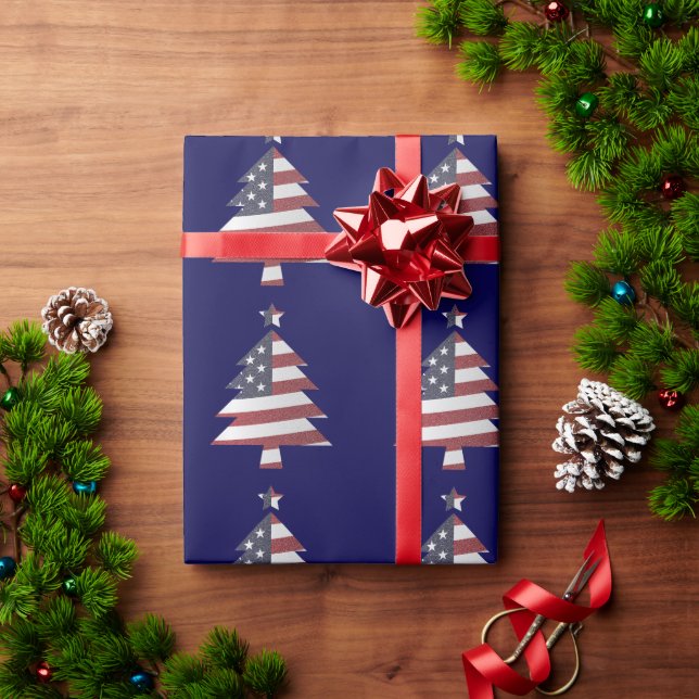 Stars and Stripes Snowy Christmas Tree Patriotic W Wrapping Paper (Holiday Gift)
