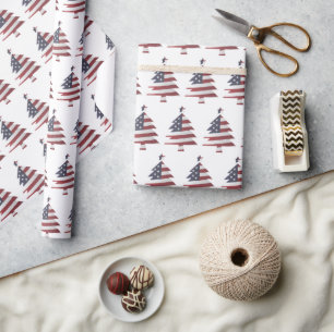 Stars and Stripes Snowy Christmas Tree Patriotic Wrapping Paper