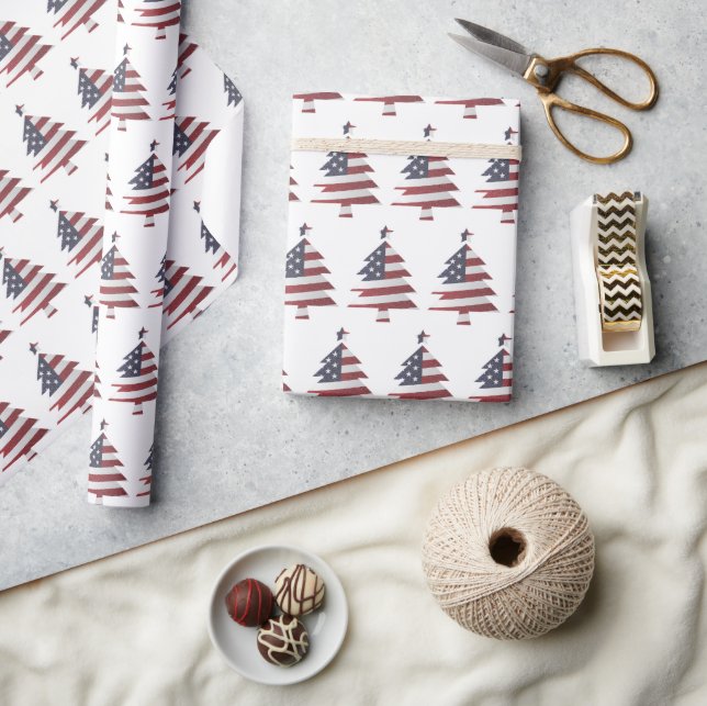 Stars and Stripes Snowy Christmas Tree Patriotic Wrapping Paper (Crafts)