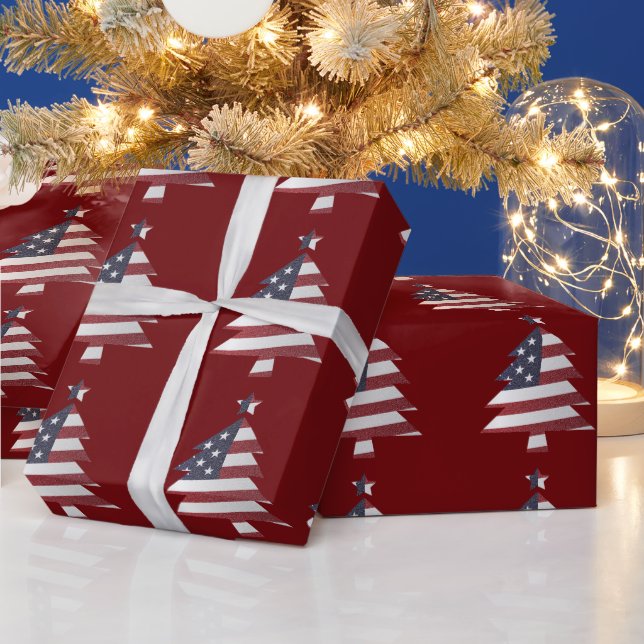 Stars and Stripes Snowy Christmas Tree Patriotic Wrapping Paper (Holidays)