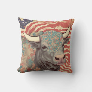 Stars and Stripes Steer Throw Pillow