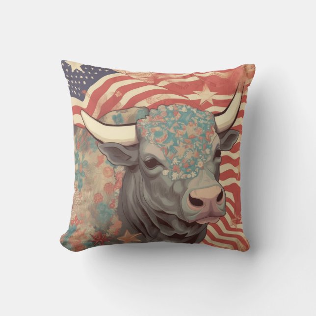 Stars and Stripes Steer  Throw Pillow (Front)
