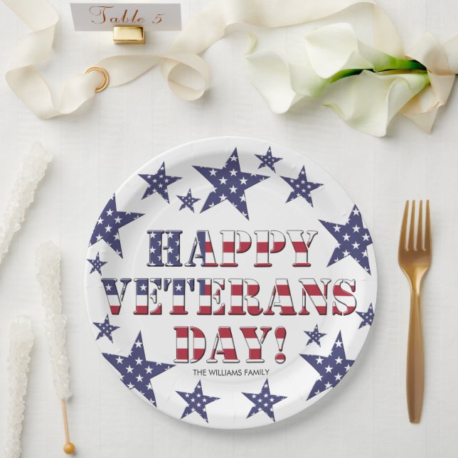 Stars and Stripes Typography Happy Veterans Day Paper Plates (Wedding)