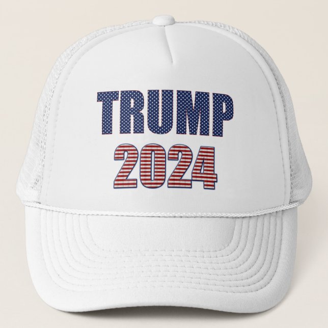 Stars and Stripes Typography Trump 2024 Trucker Hat (Front)