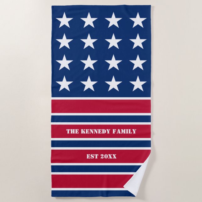 Stars And Stripes USA American Flag Family Name Beach Towel (Front)