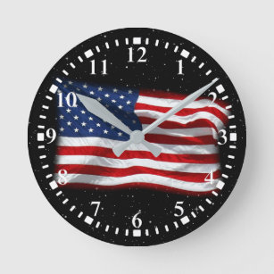 Stars and Stripes USA Patriotic American Flag Round Clock