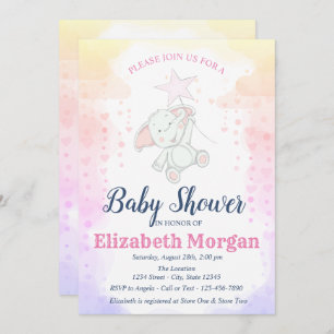 Stars, Baby Girl Elephant  Baby Shower Invitation