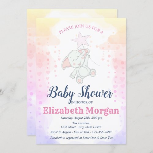 Stars Baby Girl Elephant  Baby Shower Invitation