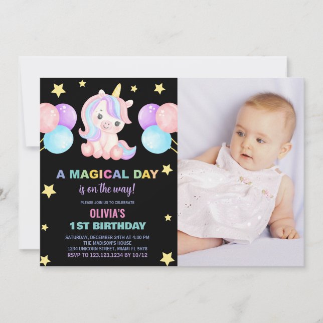 Stars Ballons Unicorn Birthday Invitations photo (Front)