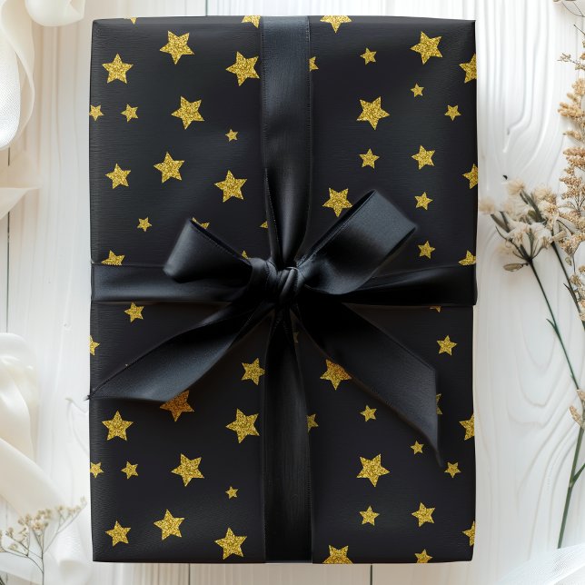 Stars Black Gold Holiday Birthday New Years Wrapping Paper (Creator Uploaded)