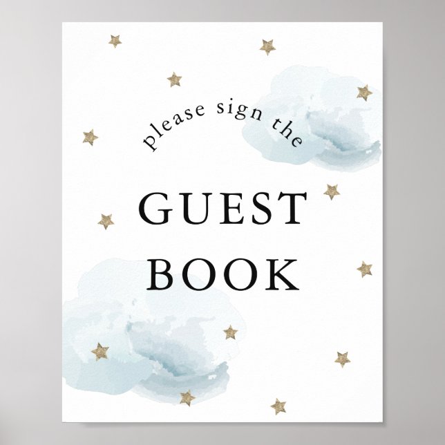 Stars Blue Clouds Baby Shower Guest Book Sign (Front)