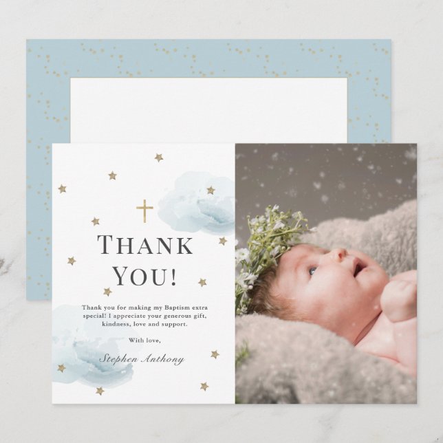 Stars Blue Clouds Photo Boy Baptism Thank You Card (Front/Back)