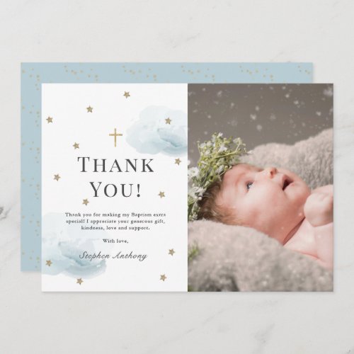 Stars Blue Clouds Photo Boy Baptism Thank You Card