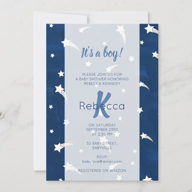 Stars Blue Watercolor Monogram Baby Shower Boy  Invitation (Front)