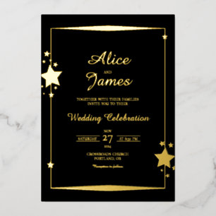 Stars Border Frame Elegant Black Gold Foil Wedding Invitation