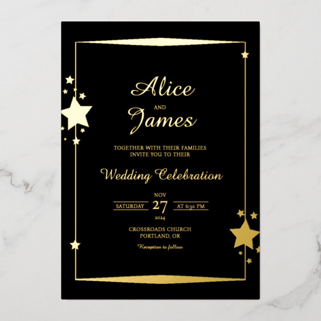Stars Border Frame Elegant Black Gold Foil Wedding Invitation (Front)