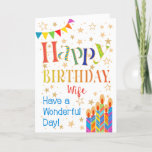 Stars, Bunting, Candles for a Wife Birthday Card<br><div class="desc">A colorful, text-based Birthday Card for a Wife, with Polka Dot Bunting, bright, striped birthday cake candles and sprinkled with gold-effect stars. The patterned text says, 'Happy Birthday' and there is also 'Have a wonderful day!' in blue lettering (NB the gold effect stars and outlines will be as seen and...</div>