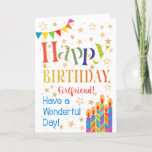 Stars, Bunting, Candles for Girlfriend Birthday Card<br><div class="desc">A colorful, text-based Birthday Card for a Girlfriend, with Polka Dot Bunting, bright, striped birthday cake candles and sprinkled with gold-effect stars. The patterned text says, 'Happy Birthday' and there is also 'Have a wonderful day!' in blue lettering (NB the gold effect stars and outlines will be as seen and...</div>