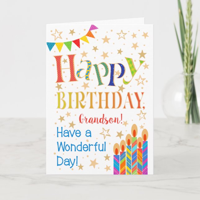 Stars, Bunting, Candles for Grandson Birthday Card (Front)