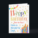 Stars, Bunting, Candles for Son-in-Law Birthday Card<br><div class="desc">A colourful text-based Birthday Card for a Son-in-Law with Polka Dot Bunting, bright, striped cake candles and sprinkled with gold-effect stars. The pattern text says, 'Happy Birthday' and there is false 'Have a wonderful day!' in blue lettering (NB the gold effect stars and outlines will be as seen and not...</div>